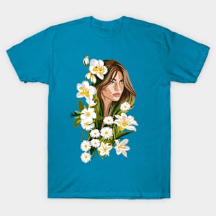 BELIA Illustration Woman with White Flowers T-Shirt